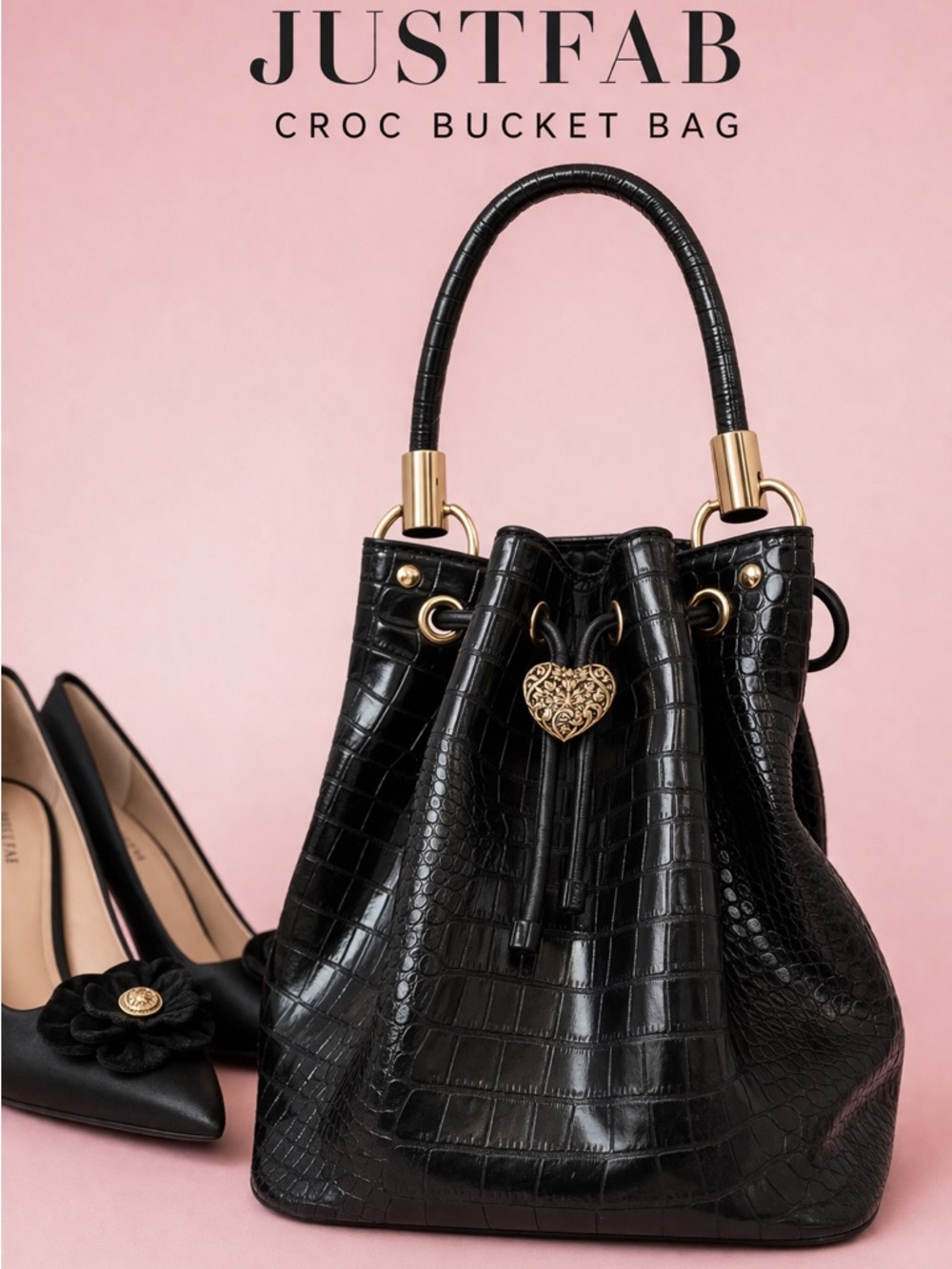 JustFab Black Croc Embossed Bucket Bag Gold Hardware Y2K